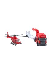 Metal Taşıyıcılı Vinçli Tır ve Helikopter Seti Kırmızı Renk - 35cm