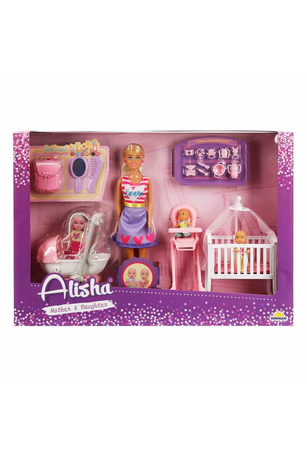 Alisha Beşikli, Mama Sandalyeli, Pusetli Bebek Bakım Seti – 29 cm Alisha Mother & Daughter Set