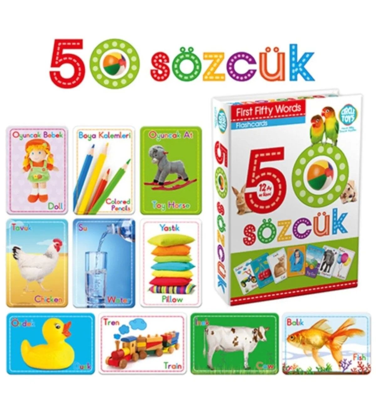 Türkçe - İngilizce 50 Sözcük Bebek Eğitim Kelime Sözcük Kartı