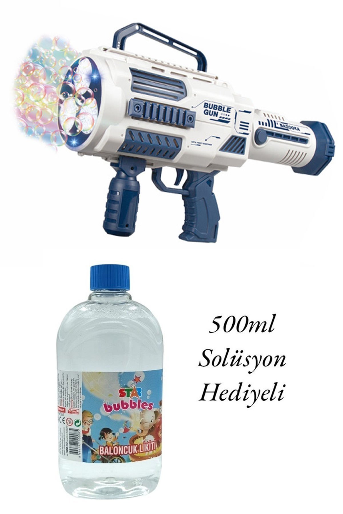 Şarjlı Baloncuk Makinesi Otomatik Işıklı Büyük Boy 41cm + 500ml Baloncuk Suyu