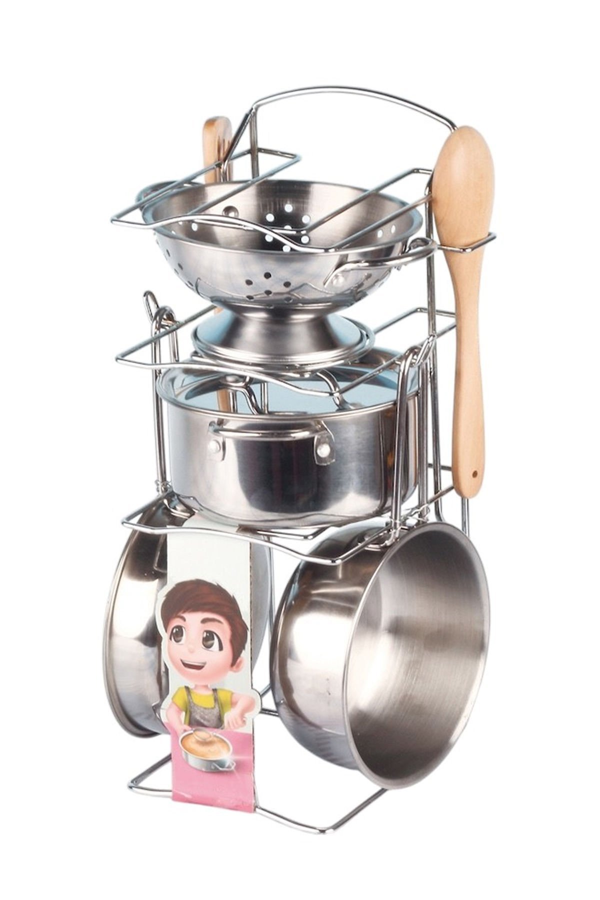 Oyuncak Çelik Tencere Tava Seti Raflı 8 Parça: Minik Şeflerin Rüyası!